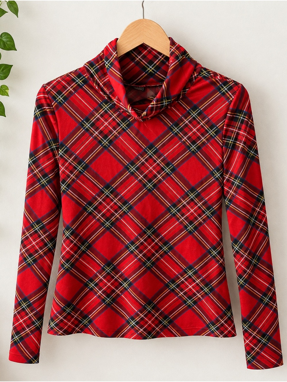 SHEIN Red Plaid Turtleneck Long-Sleeve Top